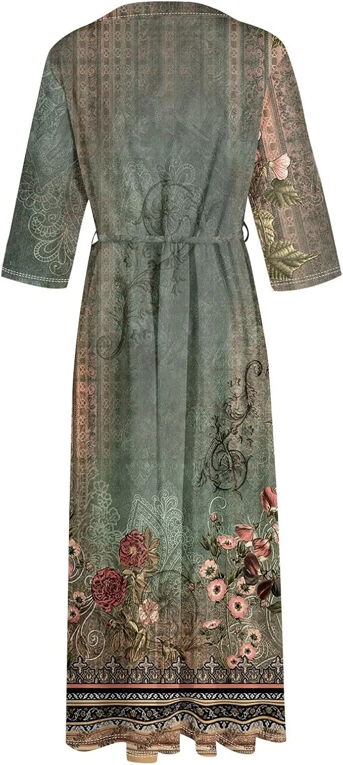 Women'S Summer Dresses 3/4 Sleeve Lapel Neck Button Cute A Line Lace-Up Dress Boho Floral Vacation Beach Long Dress