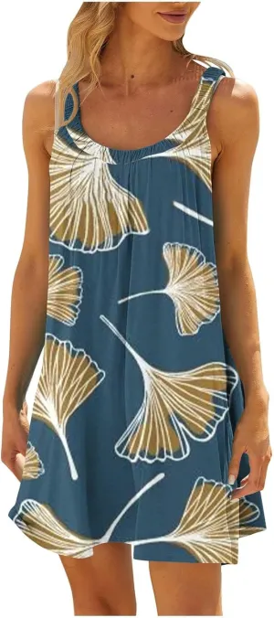 Womens Summer Dresses Bohemian Floral Tank Beach Halter Dress Casual Sleeveless Flowy Vacation Tshirt Sundresses