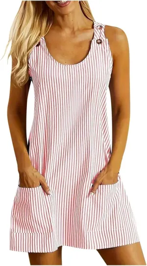 Womens Summer Dresses Casual Spaghetti Strap Swing Dress Loose Fit Crewneck A Line Sundress with Pockets