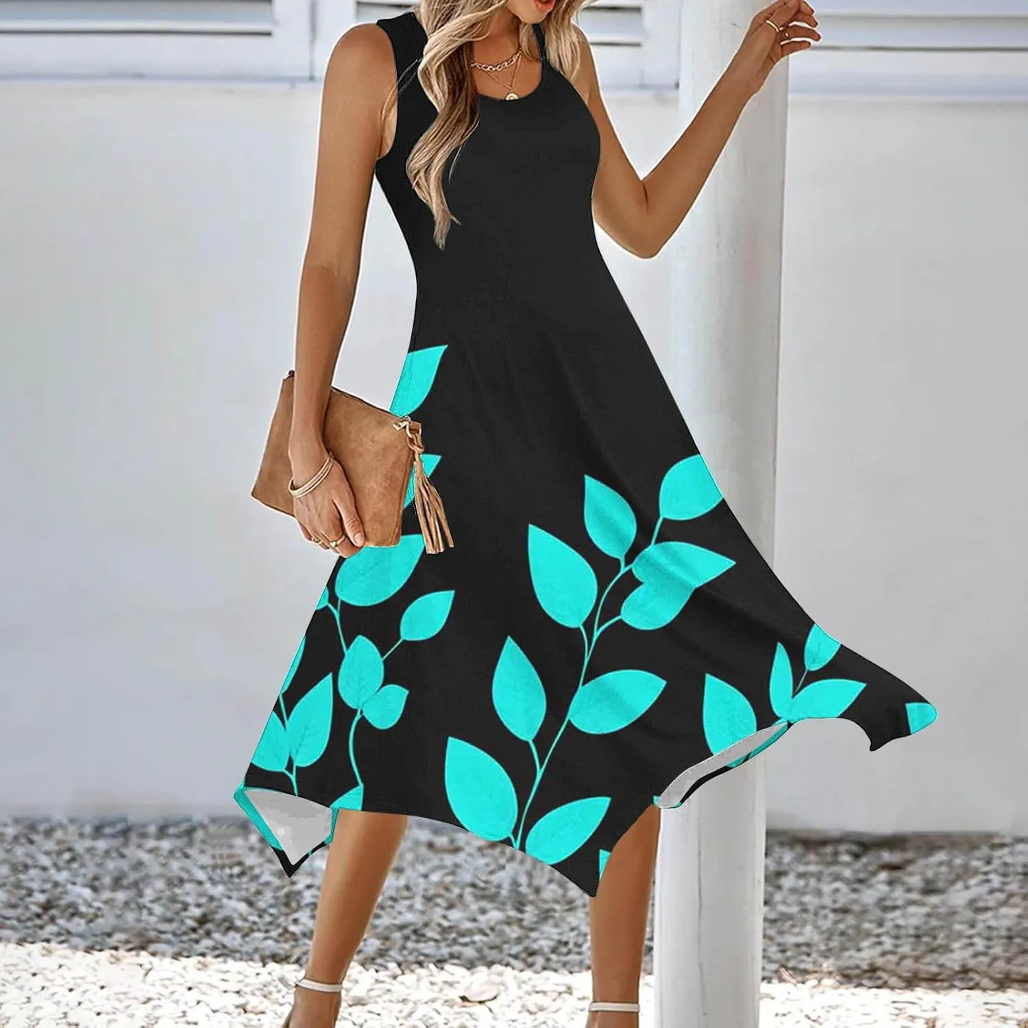 Womens Summer Dresses Loose Sleeveless Crew Neck Beach Irregular Dress with Pockets Printed 2025 Fashion Sundresses