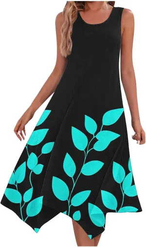 Womens Summer Dresses Loose Sleeveless Crew Neck Beach Irregular Dress with Pockets Printed 2025 Fashion Sundresses