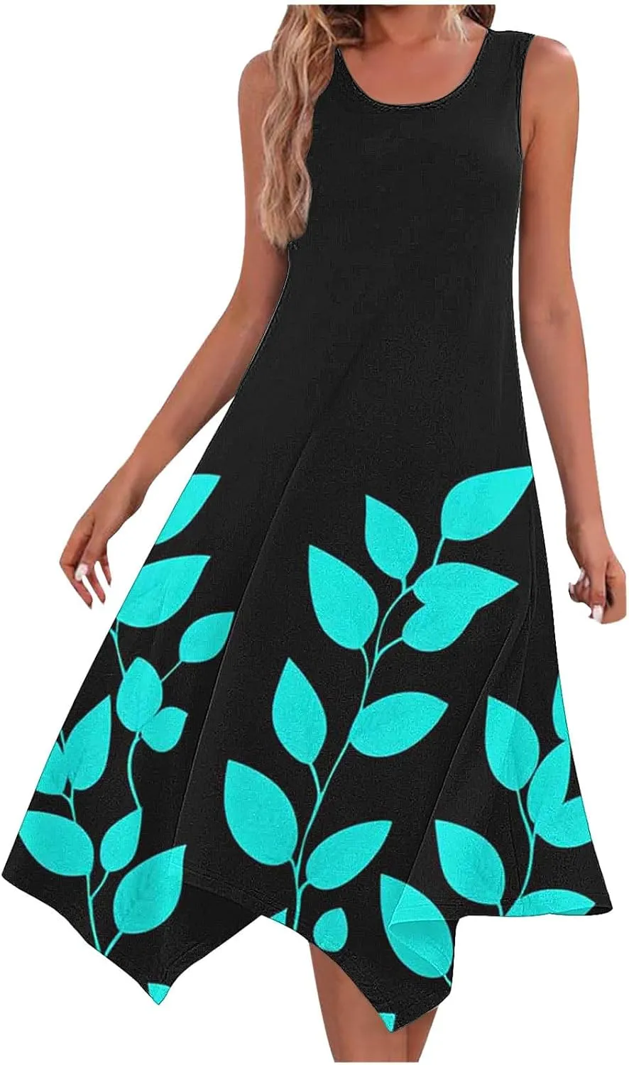 Womens Summer Dresses Loose Sleeveless Crew Neck Beach Irregular Dress with Pockets Printed 2025 Fashion Sundresses