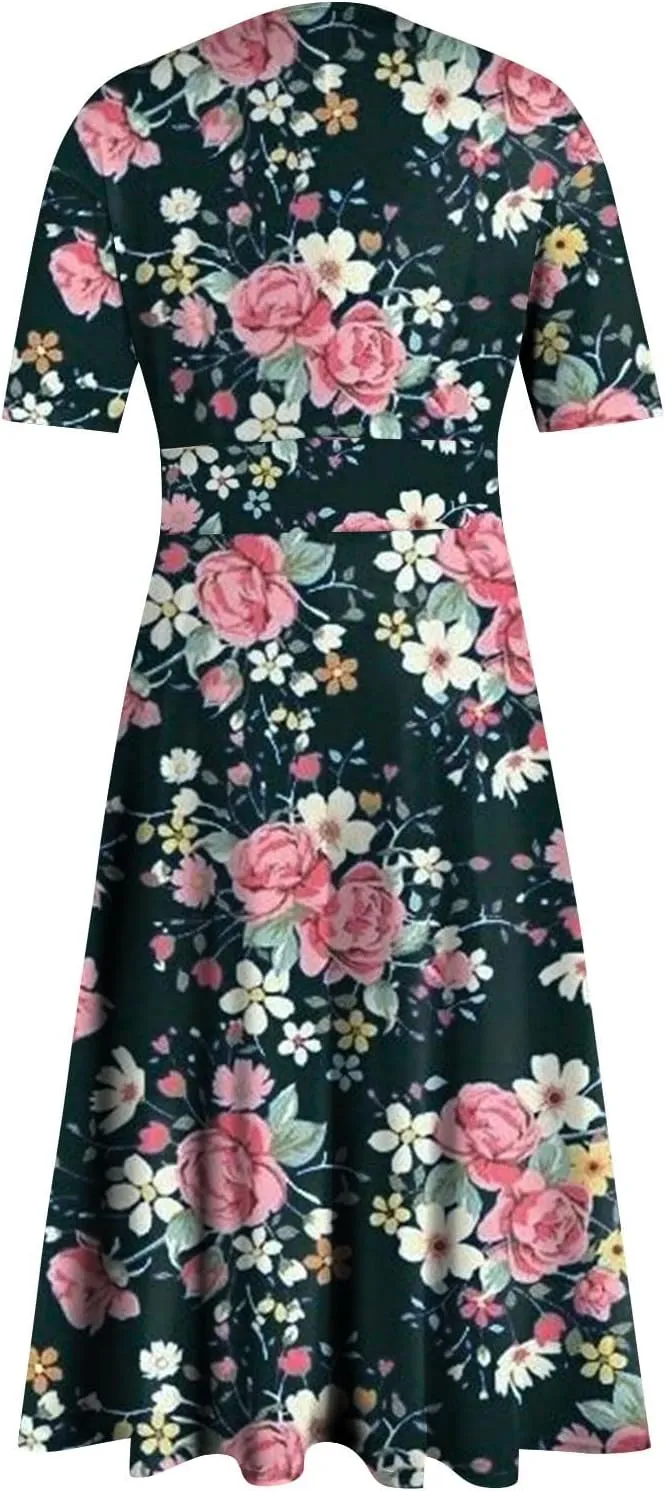 Womens Summer Dresses Midi 2025 Casual Trendy Sundresses Floral Dress Elegant Short Sleeve Sundress A Line V Neck