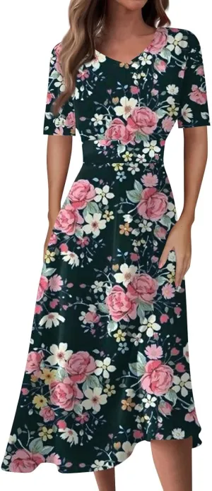 Womens Summer Dresses Midi 2025 Casual Trendy Sundresses Floral Dress Elegant Short Sleeve Sundress A Line V Neck