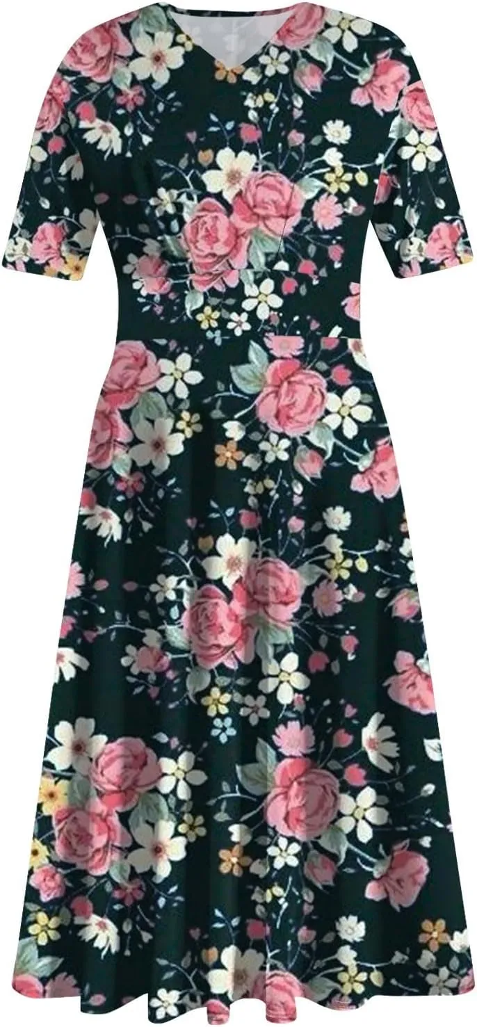 Womens Summer Dresses Midi 2025 Casual Trendy Sundresses Floral Dress Elegant Short Sleeve Sundress A Line V Neck