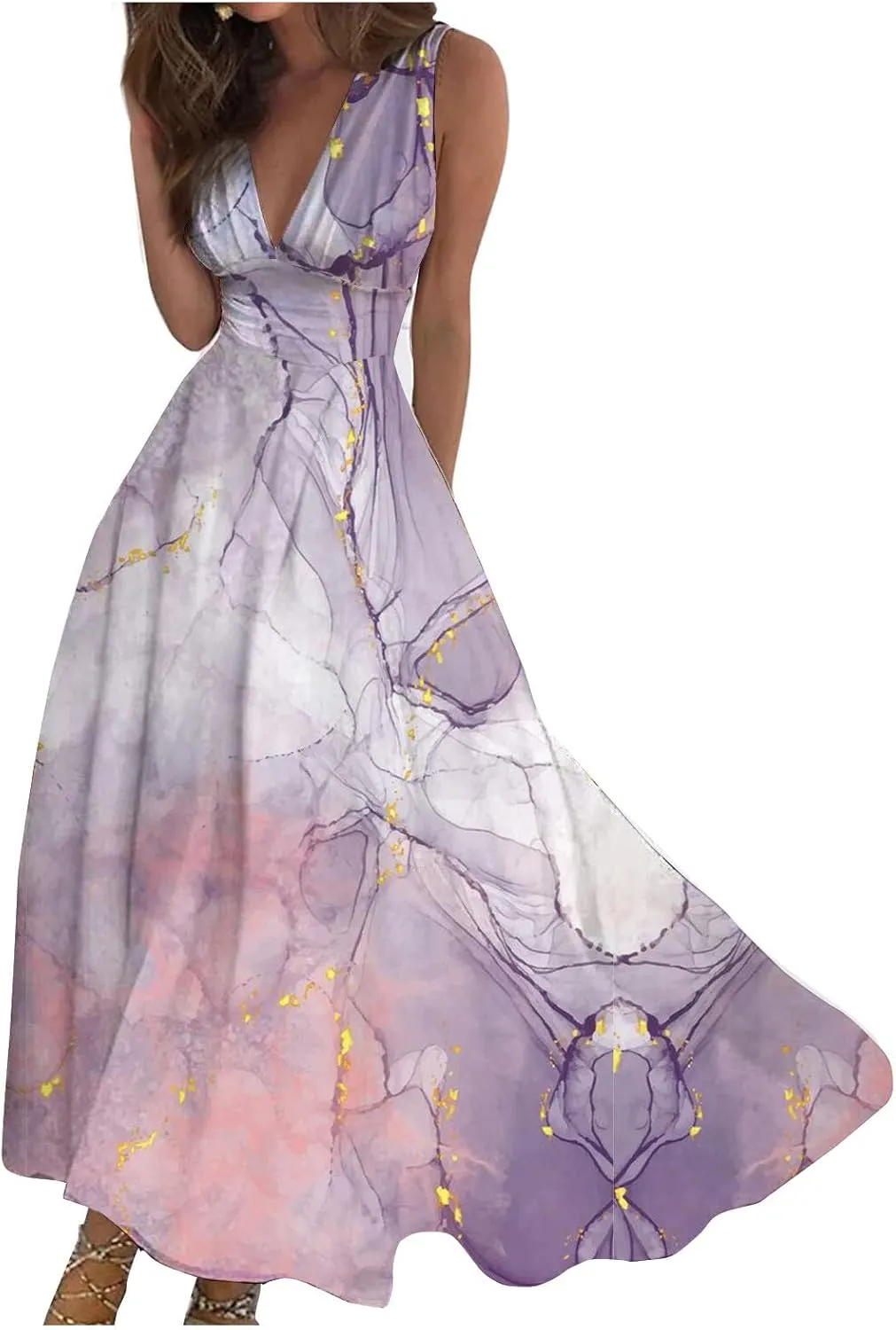 Women's Summer Maxi Dresses V Neck Sleeveless Boho Beach Swing Spring Dresses, S-3XL