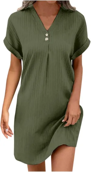 Womens Summer Shirt Dress 2025 Short Sleeve V Neck Buttons Dress Casual Loose Beach Mini T Shirt Sundress with Pockets