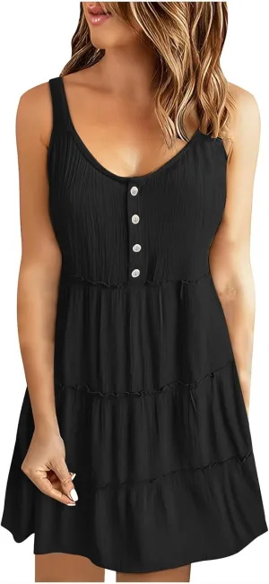 Womens Summer Sleeveless Dresses Button Scoop Neck Swing Mini Dress Smocked High Waist Ruffle Tiered Sundress