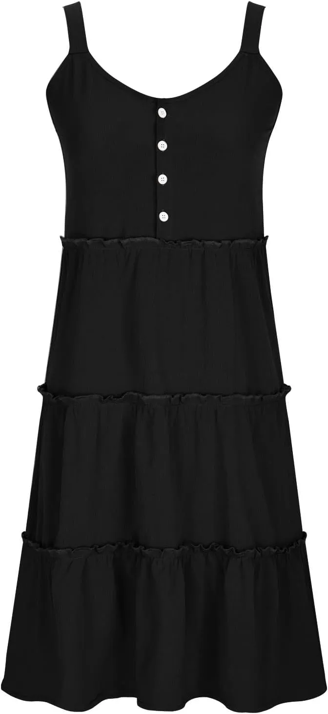 Womens Summer Sleeveless Dresses Button Scoop Neck Swing Mini Dress Smocked High Waist Ruffle Tiered Sundress