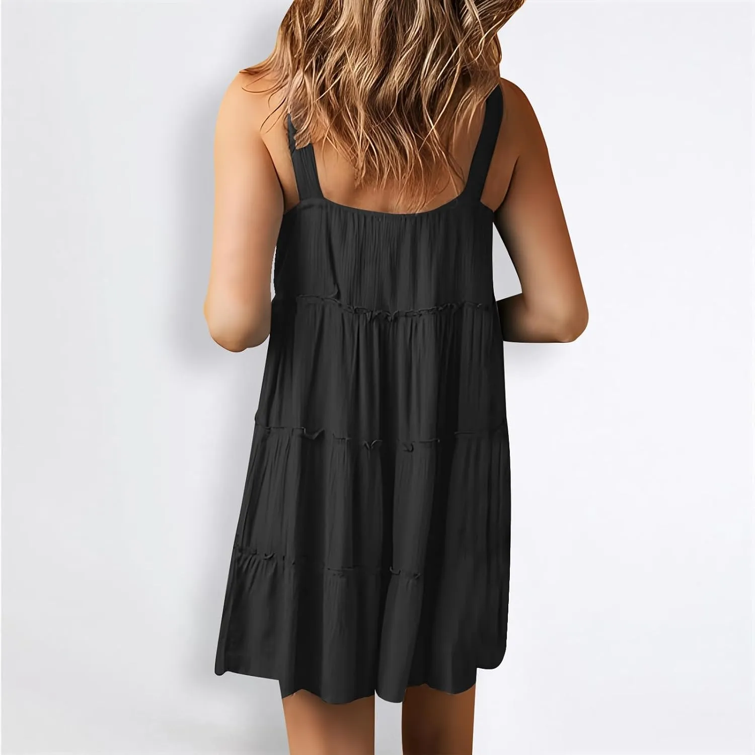 Womens Summer Sleeveless Dresses Button Scoop Neck Swing Mini Dress Smocked High Waist Ruffle Tiered Sundress