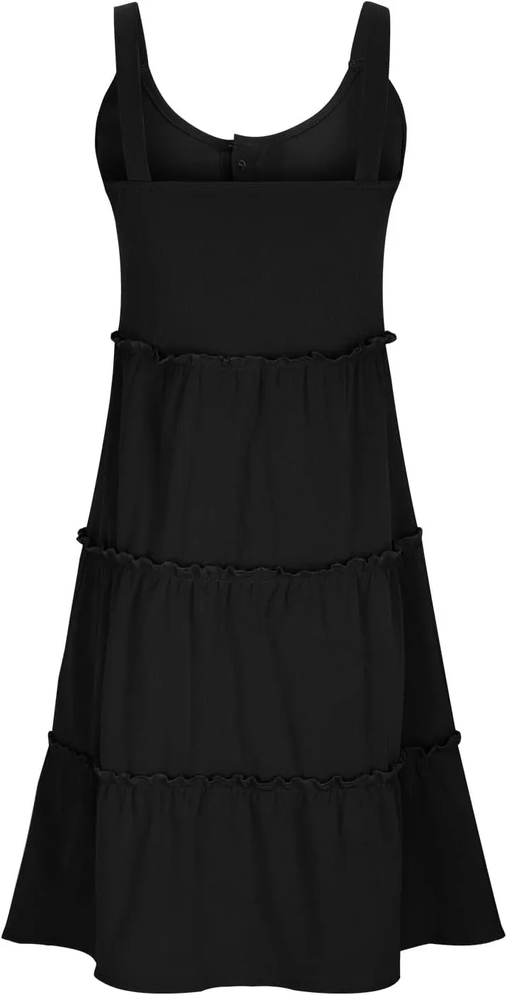 Womens Summer Sleeveless Dresses Button Scoop Neck Swing Mini Dress Smocked High Waist Ruffle Tiered Sundress
