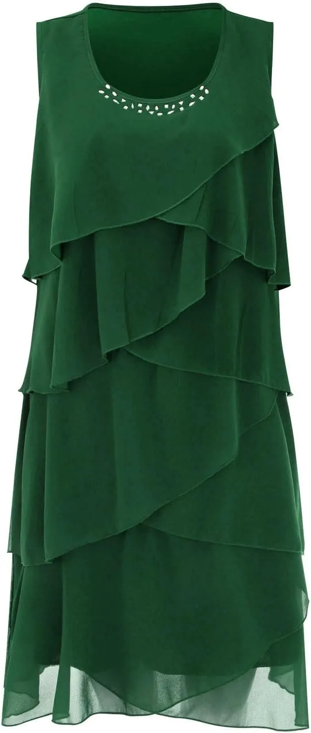 Women's Summer Sleeveless Mini Dress Boho Ruffle Tiered Layered Chiffon Flowy A Line Dresses Ruffle Tiered Casual Swing Dress