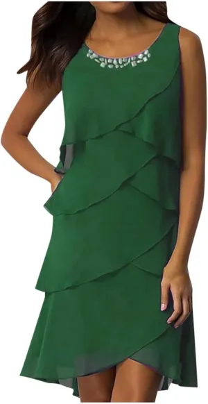 Women's Summer Sleeveless Mini Dress Boho Ruffle Tiered Layered Chiffon Flowy A Line Dresses Ruffle Tiered Casual Swing Dress