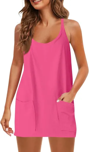 Womens Summer Sleeveless Mini Dress V Neck Spaghetti Strap Sundress Athletic Short Dress with Pockets