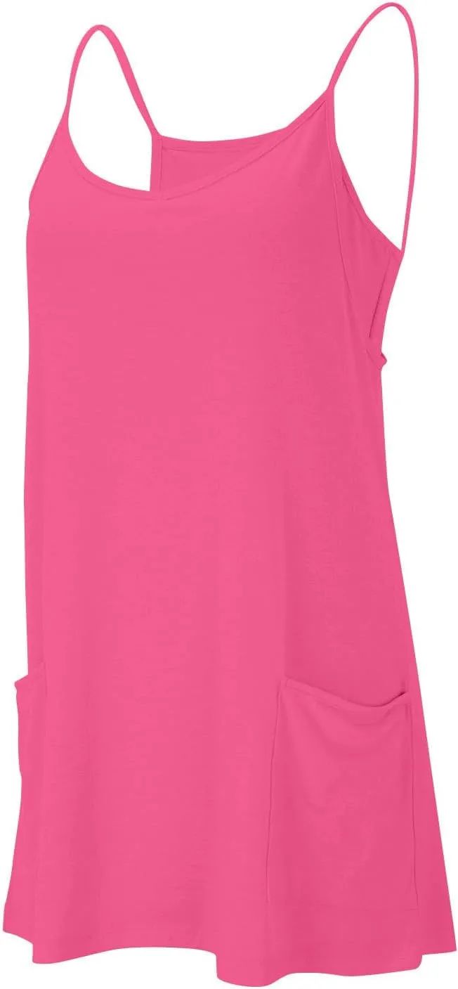 Womens Summer Sleeveless Mini Dress V Neck Spaghetti Strap Sundress Athletic Short Dress with Pockets