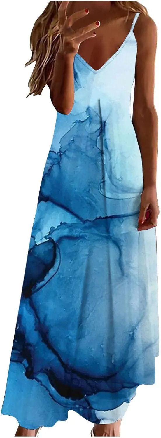 Women's Summer Spaghetti Strap Elegant Long Dresses Plus Size Vacation Flowy Beach Dress Loose Floor Length Dress