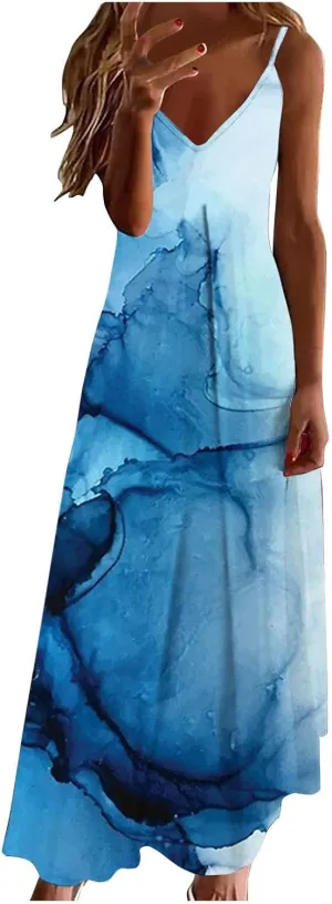 Women's Summer Spaghetti Strap Elegant Long Dresses Plus Size Vacation Flowy Beach Dress Loose Floor Length Dress