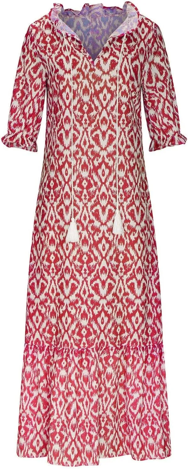 Women's Summer Spring Maxi Dresses V-Neck Short Sleeve Printed Tunic Dress Swing Flowy Long Beach Dress
