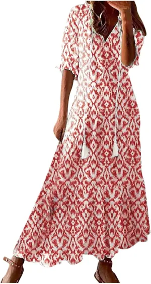 Women's Summer Spring Maxi Dresses V-Neck Short Sleeve Printed Tunic Dress Swing Flowy Long Beach Dress