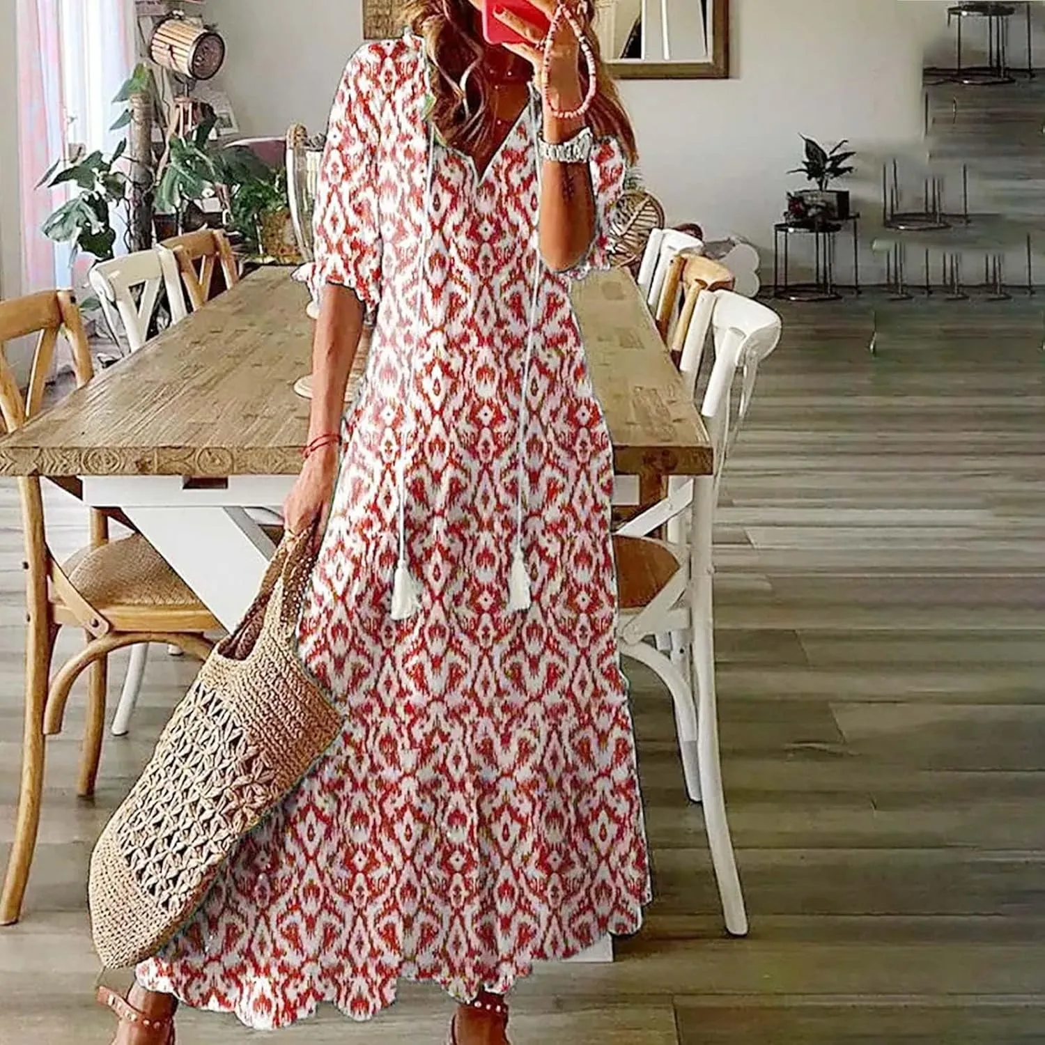 Women's Summer Spring Maxi Dresses V-Neck Short Sleeve Printed Tunic Dress Swing Flowy Long Beach Dress
