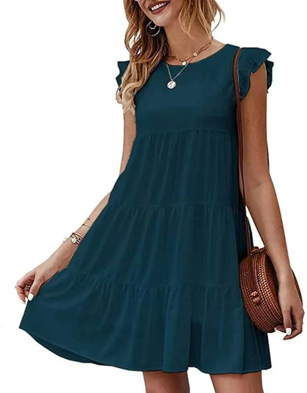 Womens Summer Sundresses 2024 Loose Sleeveless Solid Tiered Ruffle Dresses Swing Vacation Crew Neck Midi Dress