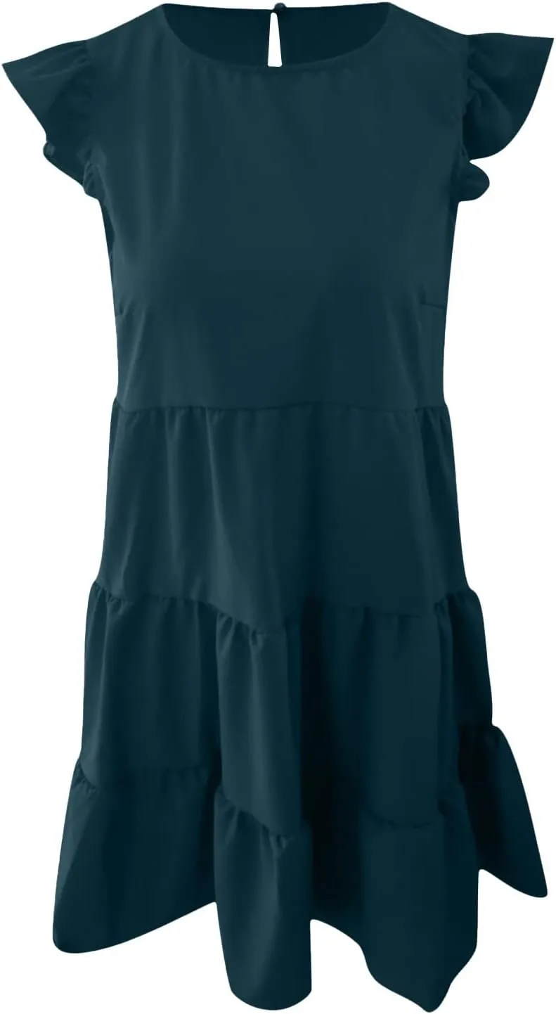 Womens Summer Sundresses 2024 Loose Sleeveless Solid Tiered Ruffle Dresses Swing Vacation Crew Neck Midi Dress
