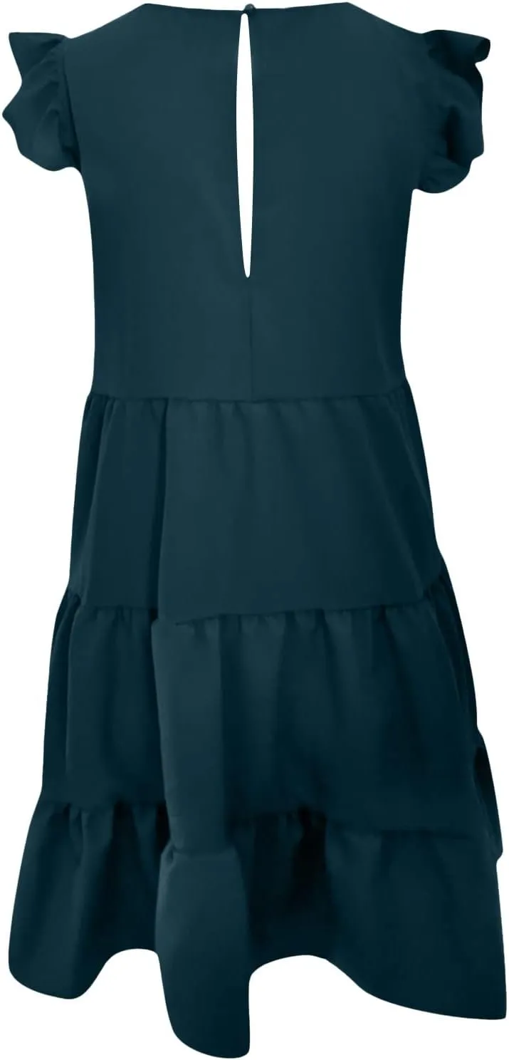 Womens Summer Sundresses 2024 Loose Sleeveless Solid Tiered Ruffle Dresses Swing Vacation Crew Neck Midi Dress
