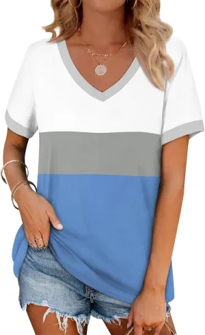 Womens Summer Tops Striped V Neck Short Sleeve T Shirts Casual Loose Fit Basic Tees Trendy Cute Dating Work Blouses