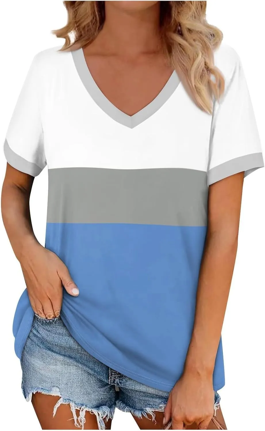 Womens Summer Tops Striped V Neck Short Sleeve T Shirts Casual Loose Fit Basic Tees Trendy Cute Dating Work Blouses