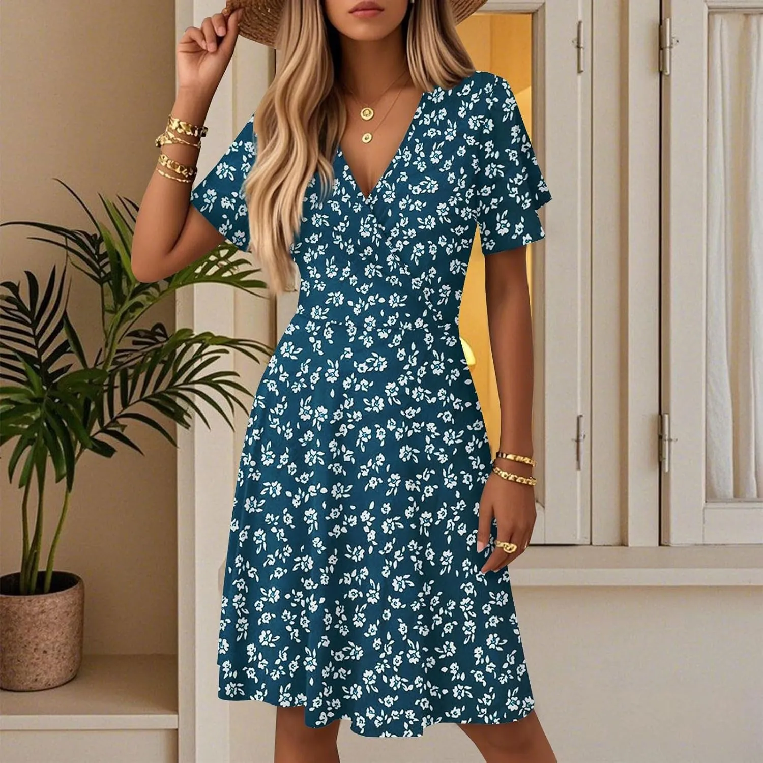 Womens Sundress 2025 Spring Summer Floral Outfits Beach Vacation Clothes Short Sleeve Wrap V Neck A-Line Knee Length Dress