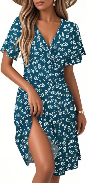 Womens Sundress 2025 Spring Summer Floral Outfits Beach Vacation Clothes Short Sleeve Wrap V Neck A-Line Knee Length Dress