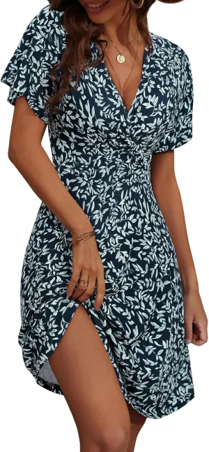 Womens Sundress Floral Smocked V Neck Dresses A-Line Short Sleeve Wrap Midi Dress Casual Flowy Dress Boho Beach Dresses