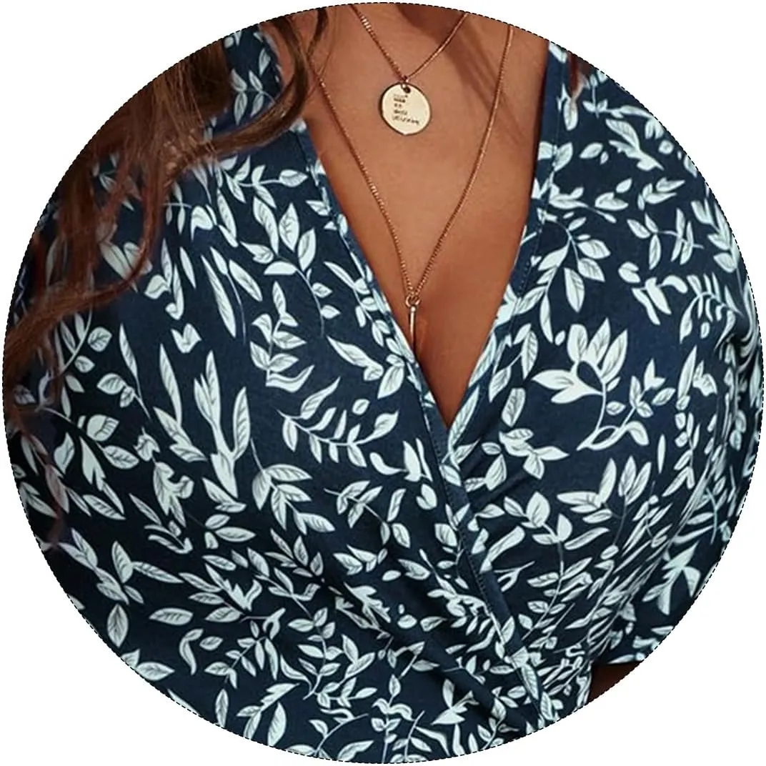 Womens Sundress Floral Smocked V Neck Dresses A-Line Short Sleeve Wrap Midi Dress Casual Flowy Dress Boho Beach Dresses