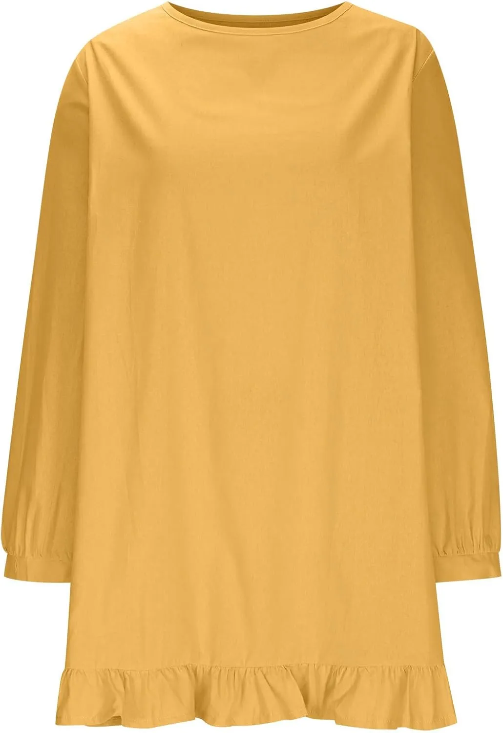 Womens Tunic Shirt Mini Dress Cotton Linen Long Sleeve Beach Dress Round Neck Ruffle Hem Summer Casual Dresses