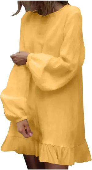 Womens Tunic Shirt Mini Dress Cotton Linen Long Sleeve Beach Dress Round Neck Ruffle Hem Summer Casual Dresses
