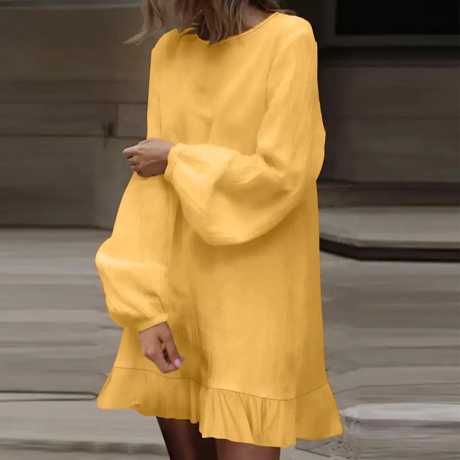 Womens Tunic Shirt Mini Dress Cotton Linen Long Sleeve Beach Dress Round Neck Ruffle Hem Summer Casual Dresses