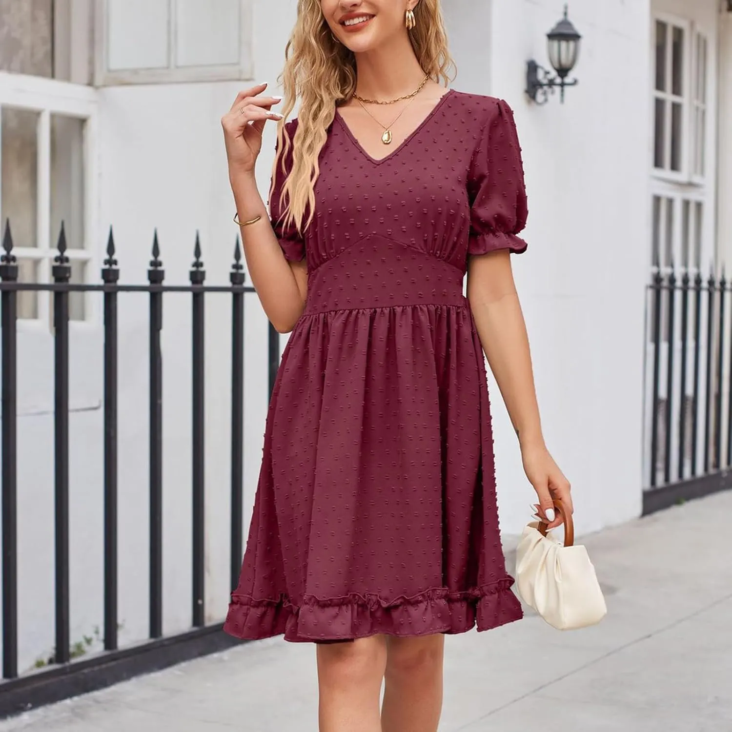 Women's V Neck Casual Vacation Dress Puff Short Sleeve Swiss Dot Swing Ruffle A-Line Mini Beach Summer Dresses 2025
