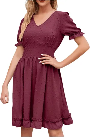 Women's V Neck Casual Vacation Dress Puff Short Sleeve Swiss Dot Swing Ruffle A-Line Mini Beach Summer Dresses 2025