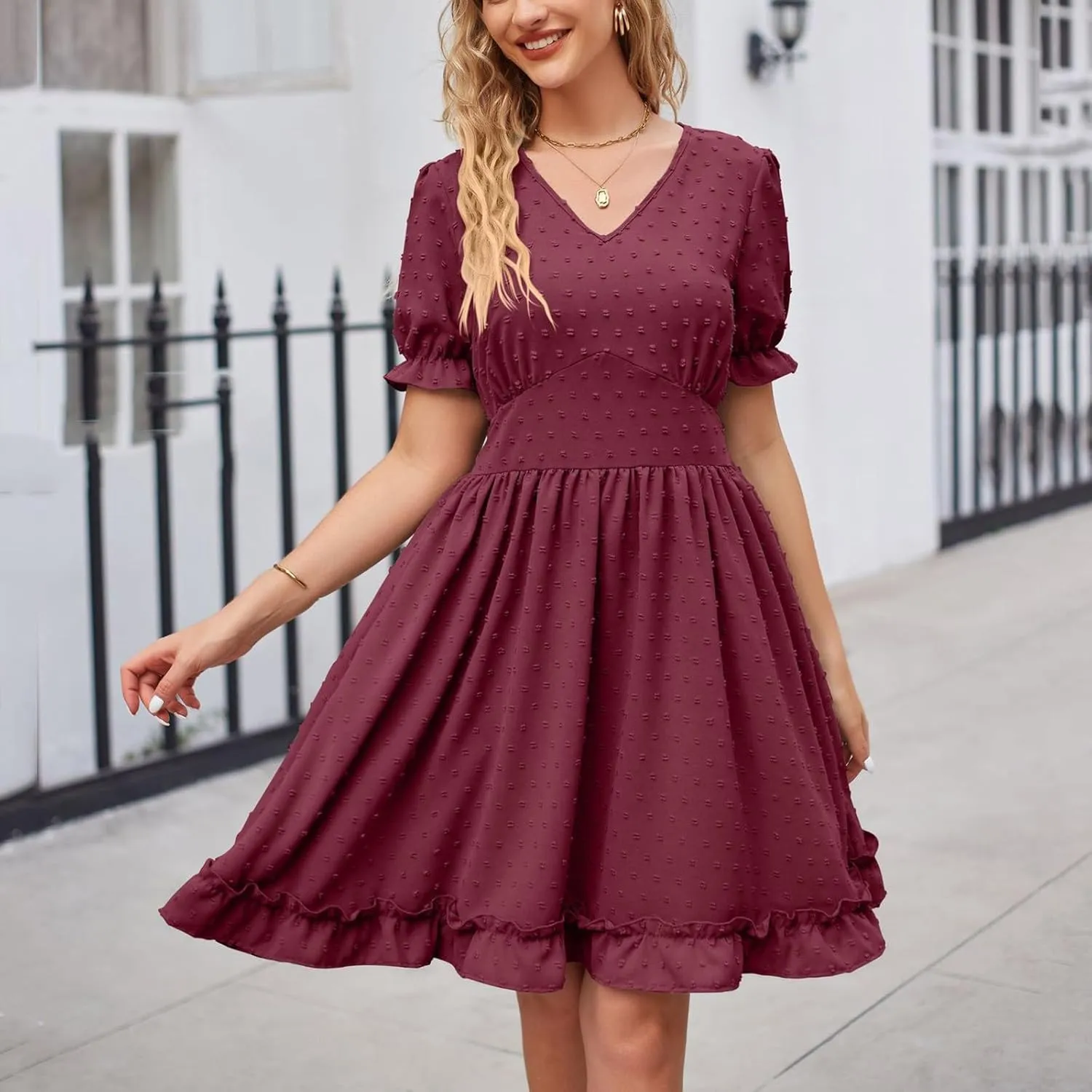 Women's V Neck Casual Vacation Dress Puff Short Sleeve Swiss Dot Swing Ruffle A-Line Mini Beach Summer Dresses 2025