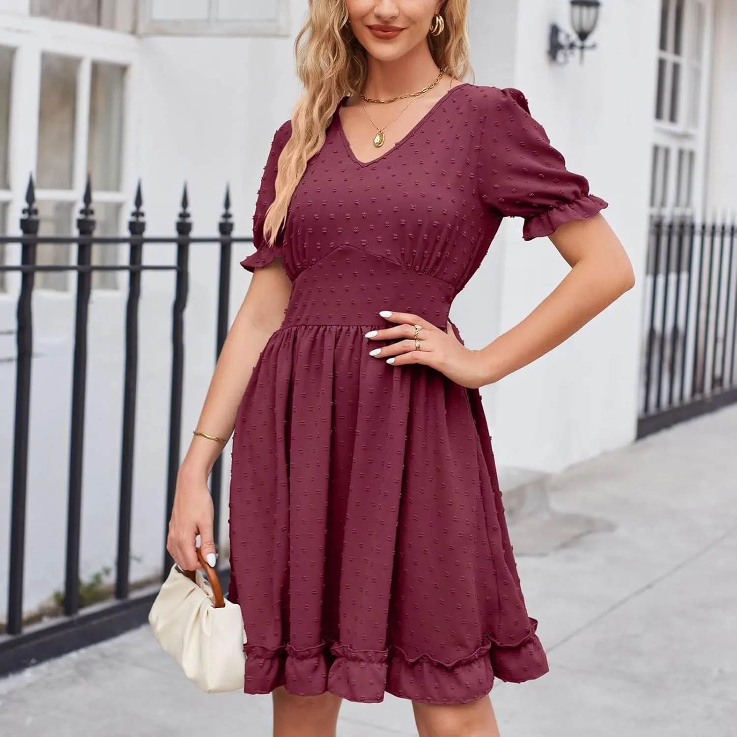 Women's V Neck Casual Vacation Dress Puff Short Sleeve Swiss Dot Swing Ruffle A-Line Mini Beach Summer Dresses 2025