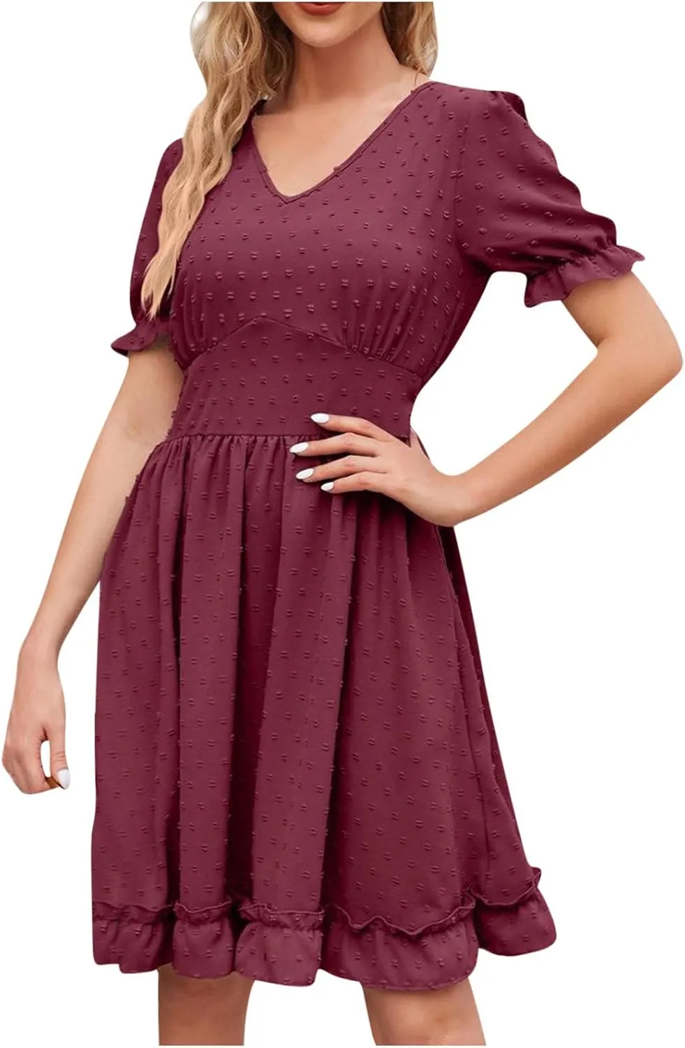 Women's V Neck Casual Vacation Dress Puff Short Sleeve Swiss Dot Swing Ruffle A-Line Mini Beach Summer Dresses 2025