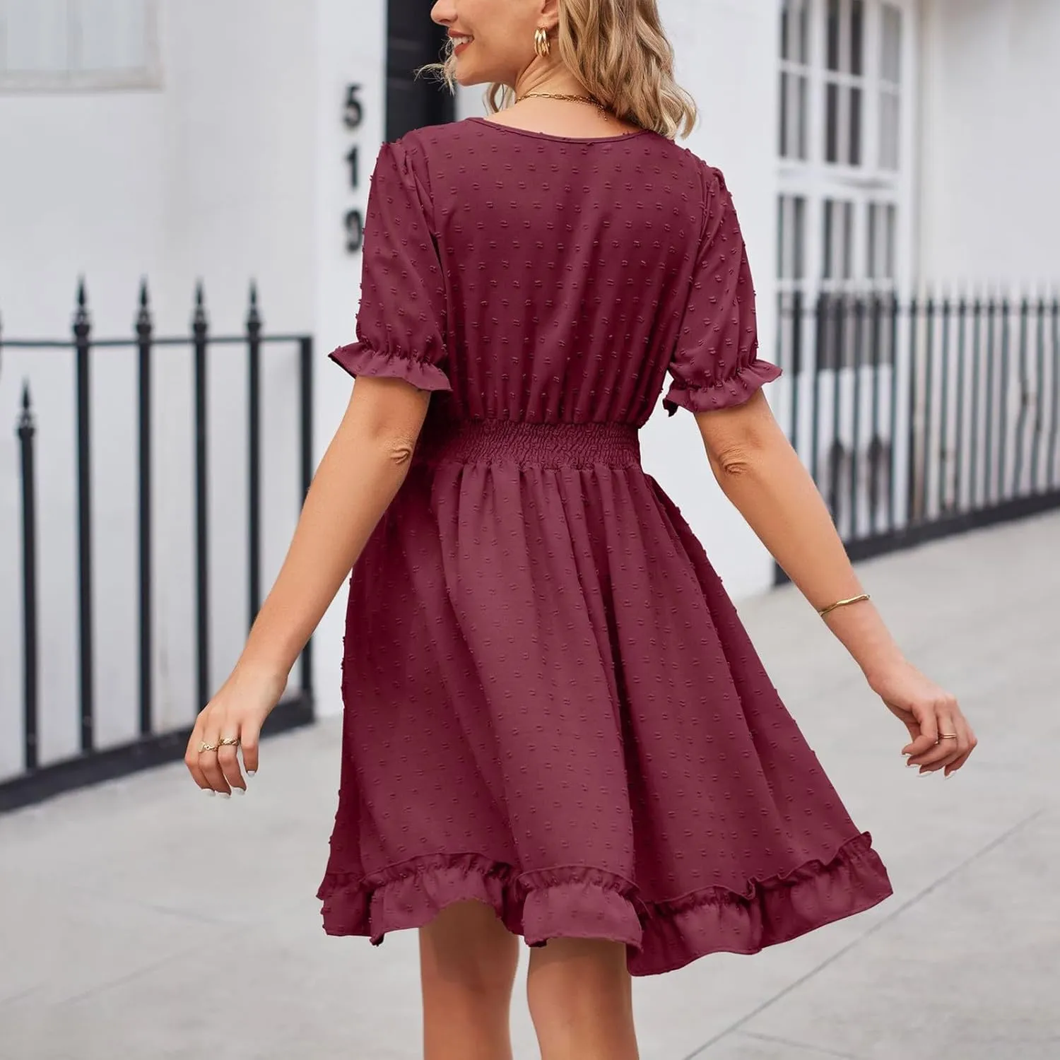 Women's V Neck Casual Vacation Dress Puff Short Sleeve Swiss Dot Swing Ruffle A-Line Mini Beach Summer Dresses 2025
