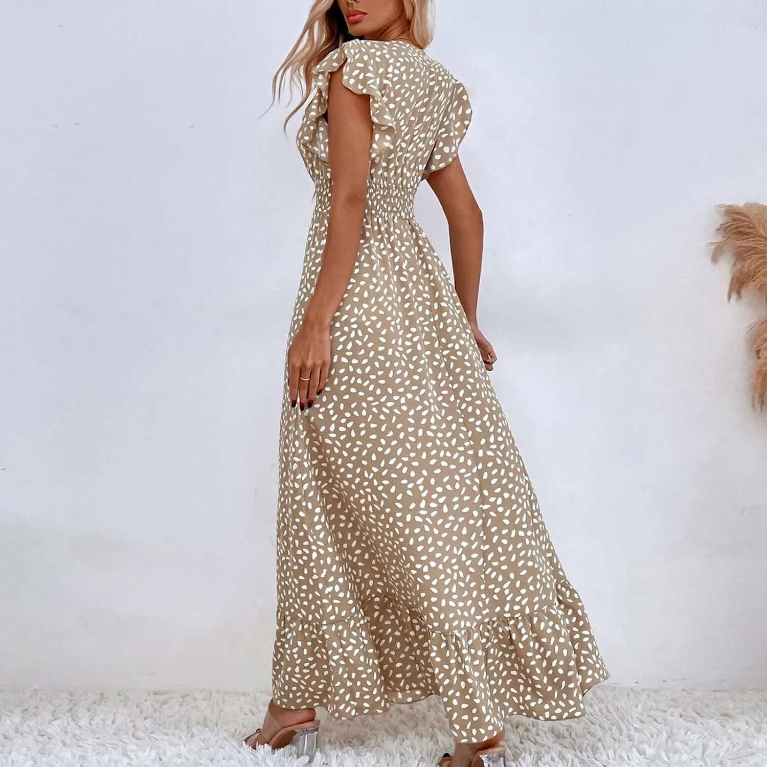 Womens V Neck Flutter Sleeve Boho Floral Midi Dress Summer Wedding Guest Beach Party Long Flowy Dresses with Belt