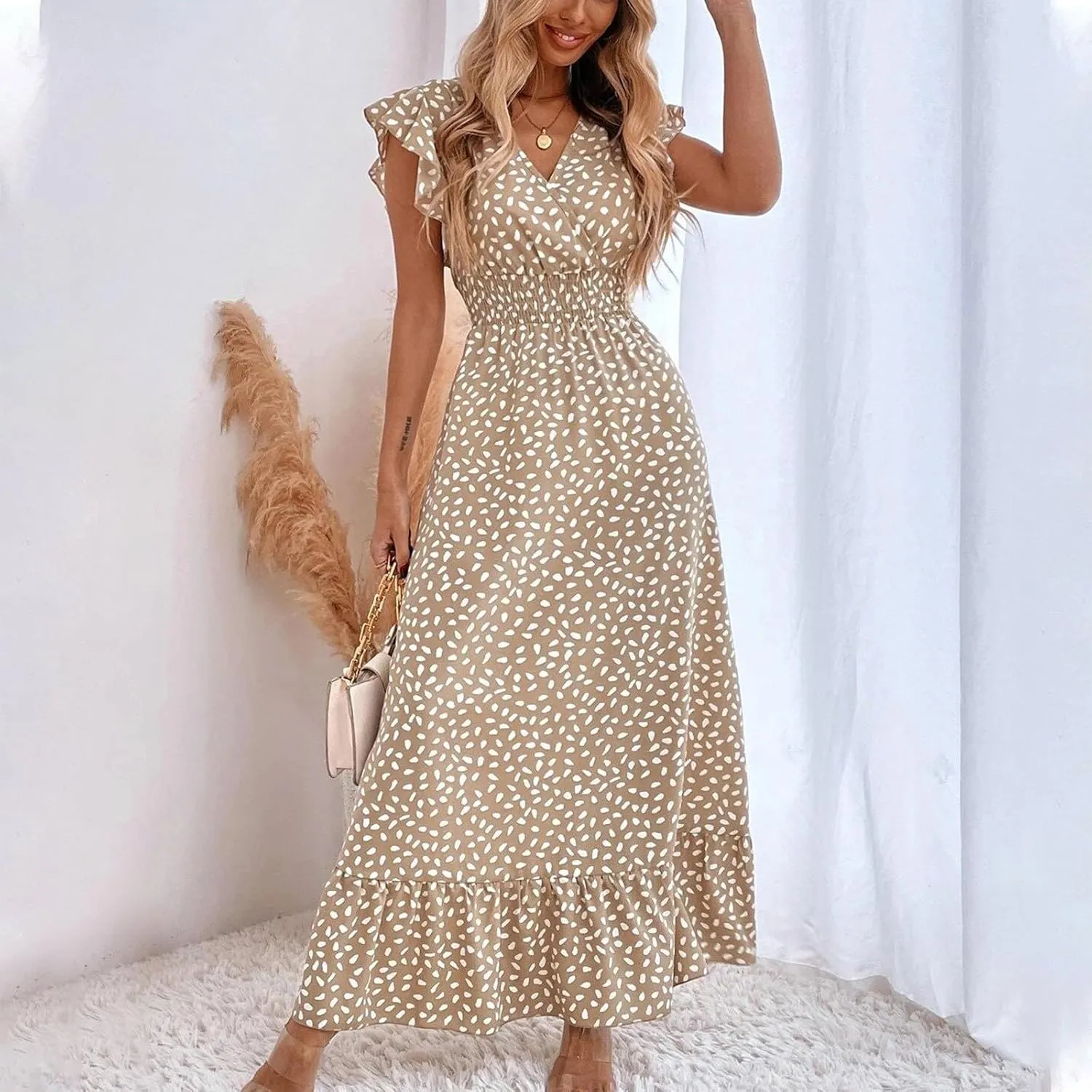 Womens V Neck Flutter Sleeve Boho Floral Midi Dress Summer Wedding Guest Beach Party Long Flowy Dresses with Belt