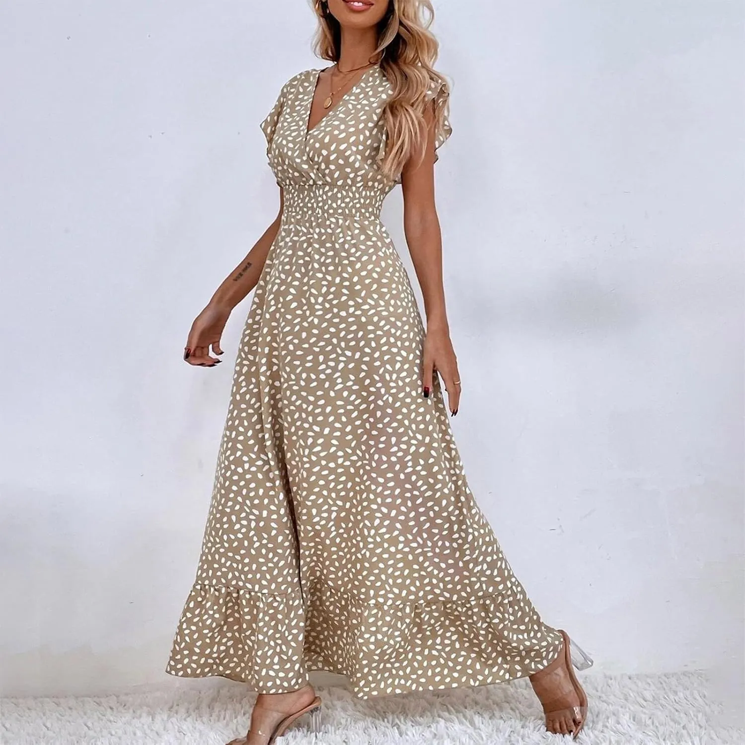 Womens V Neck Flutter Sleeve Boho Floral Midi Dress Summer Wedding Guest Beach Party Long Flowy Dresses with Belt