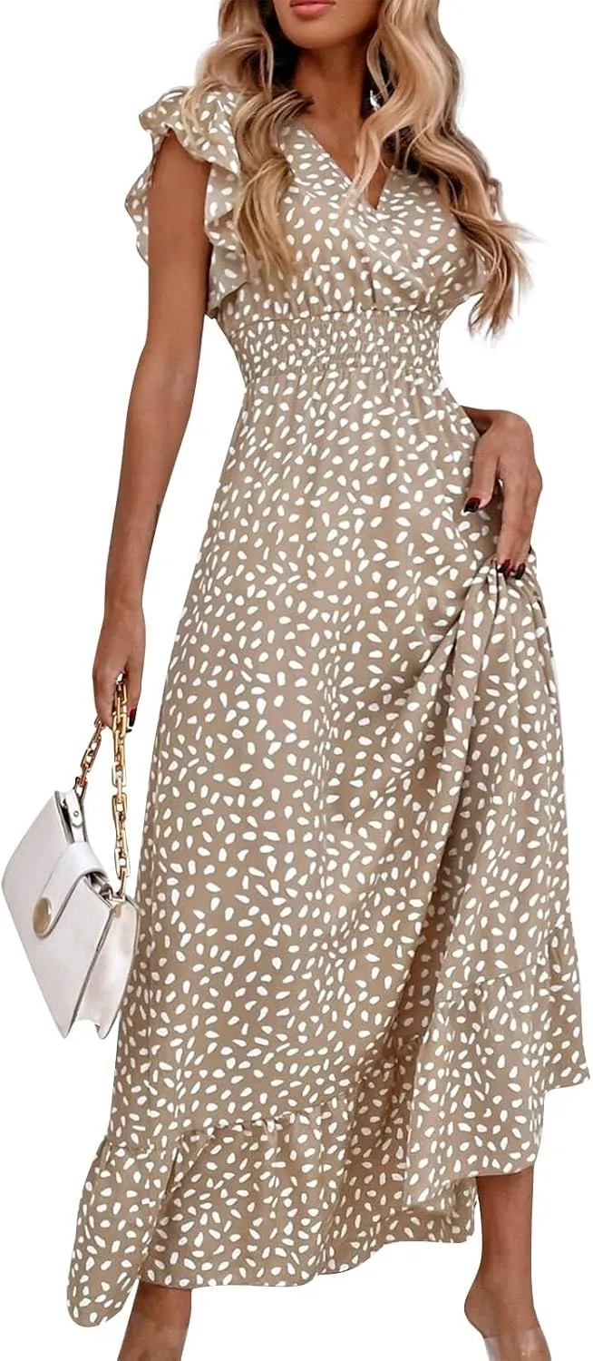 Womens V Neck Flutter Sleeve Boho Floral Midi Dress Summer Wedding Guest Beach Party Long Flowy Dresses with Belt