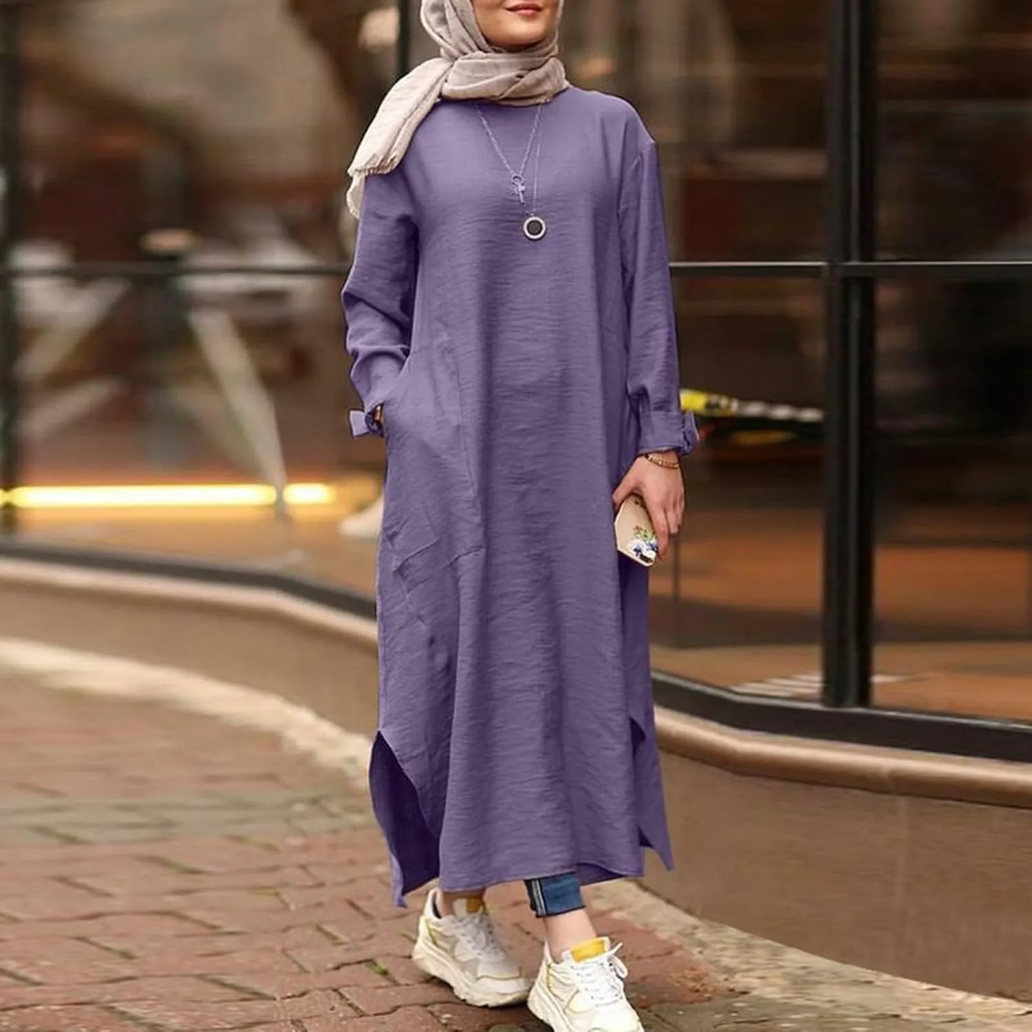 Women's Vacation Dresses 2025 Summer Casual Trendy Loose Long Sleeve Round Neck Solid Maxi Muslim Dress, S-XL
