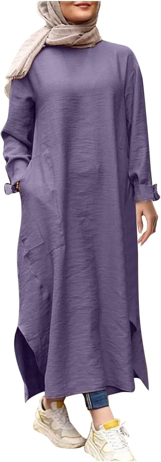 Women's Vacation Dresses 2025 Summer Casual Trendy Loose Long Sleeve Round Neck Solid Maxi Muslim Dress, S-XL