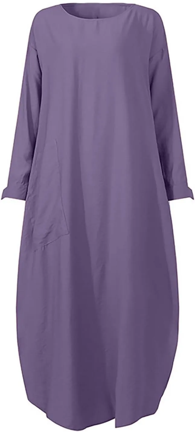 Women's Vacation Dresses 2025 Summer Casual Trendy Loose Long Sleeve Round Neck Solid Maxi Muslim Dress, S-XL
