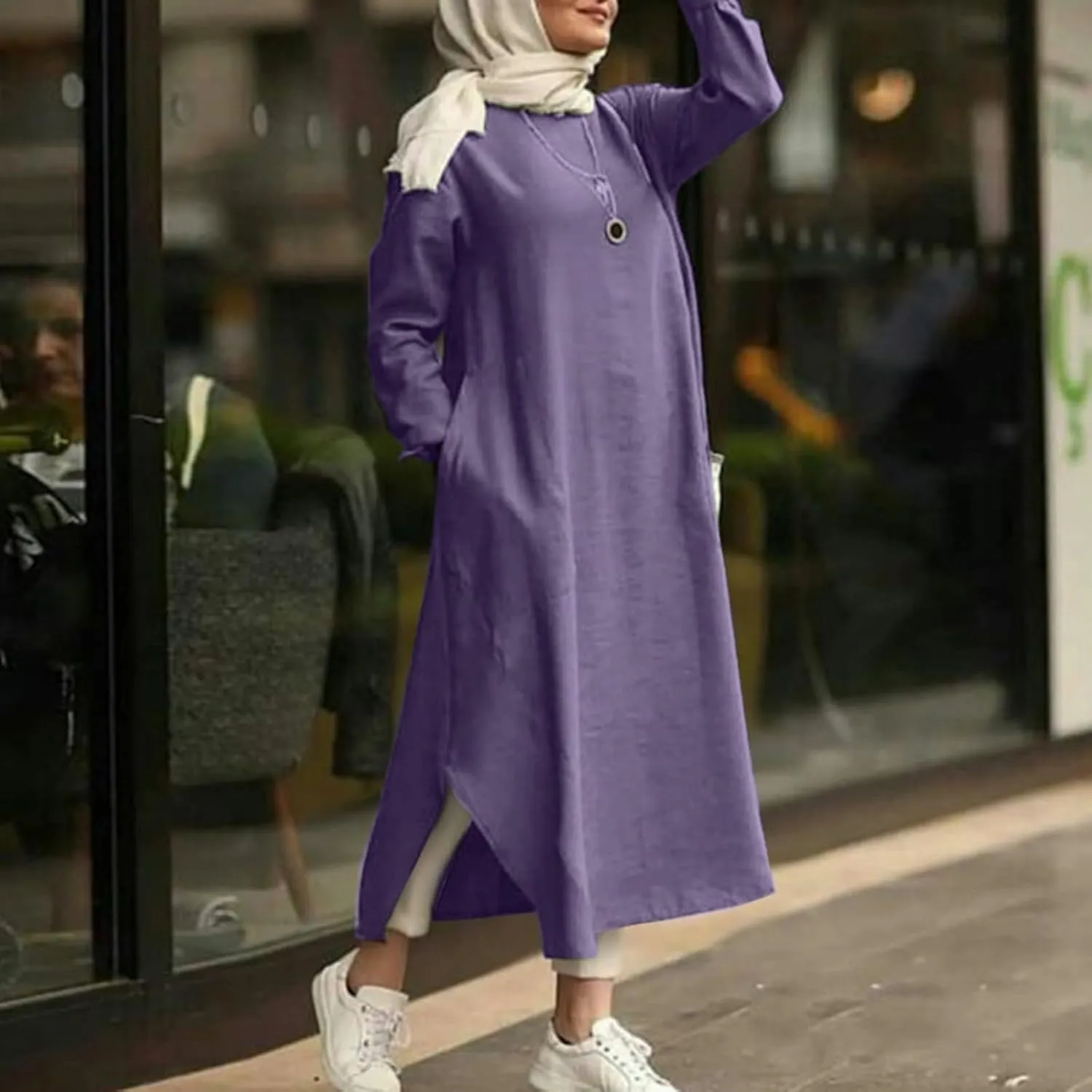 Women's Vacation Dresses 2025 Summer Casual Trendy Loose Long Sleeve Round Neck Solid Maxi Muslim Dress, S-XL